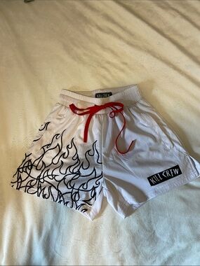 Kill Crew White Mesh Shorts with Black Flame Print and Red Drawstring